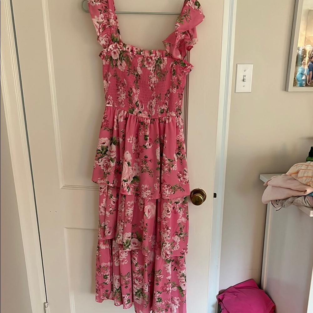 Floral Pink Ruffle Midi Dress